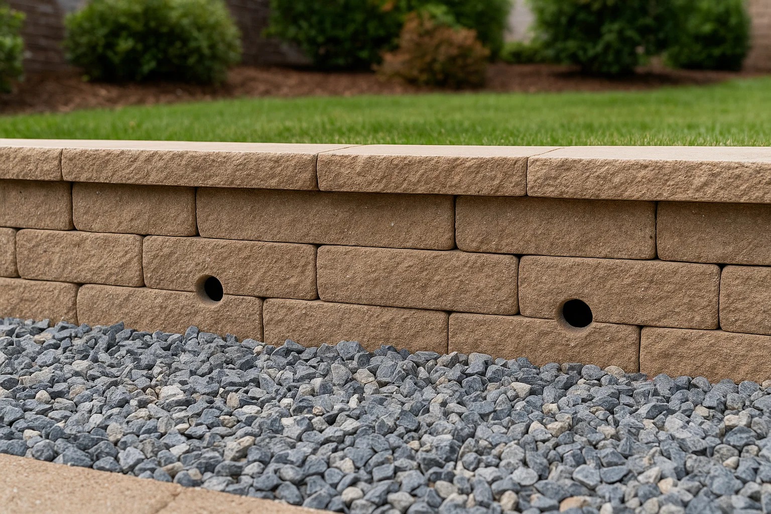 retaining wall base with gravel drainage layer and weep holes
