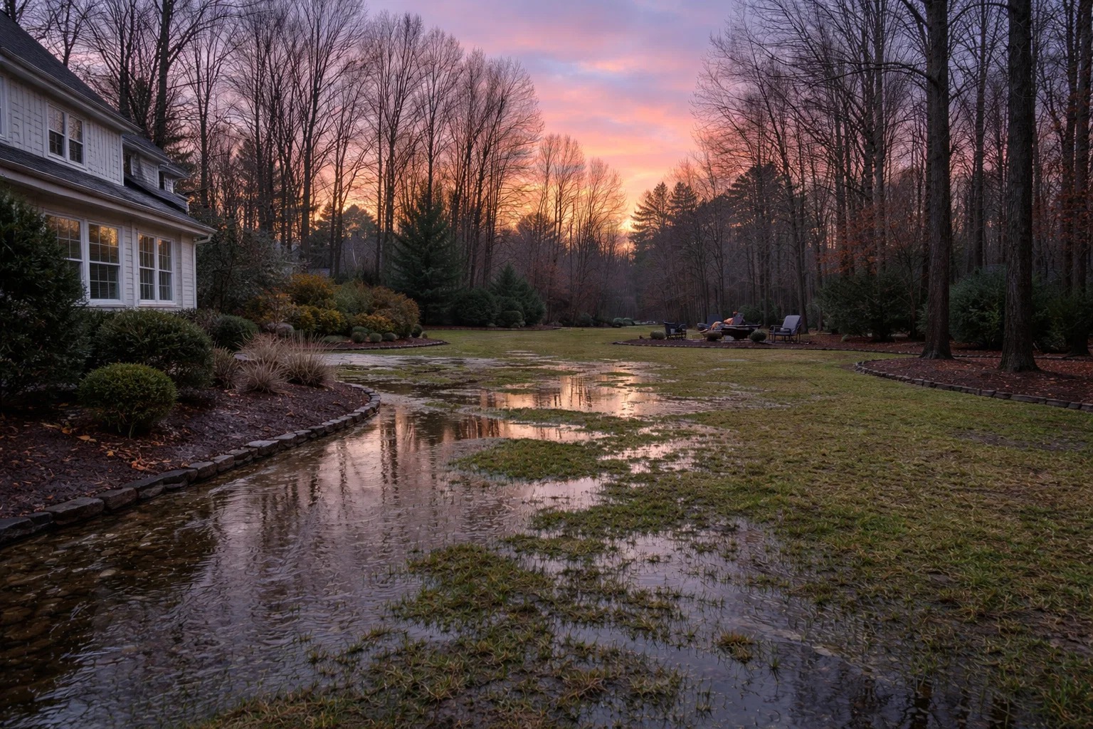 residential yard after rainfall, showing visible standing water and saturated soil