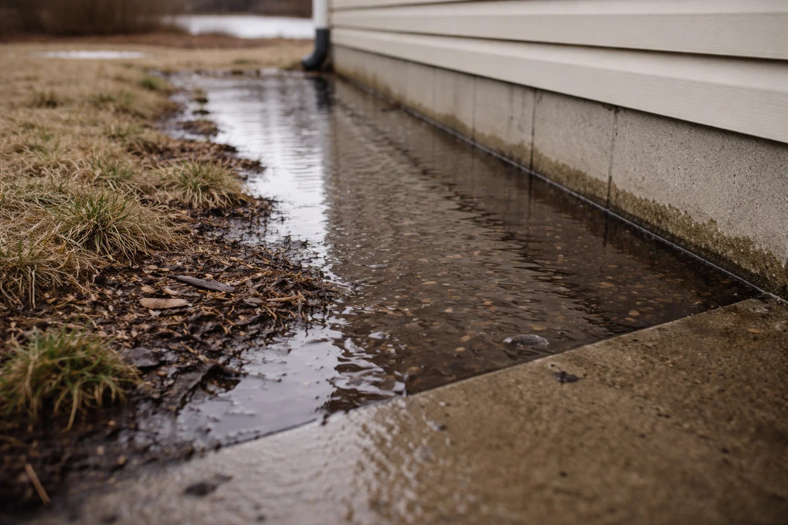 water pooling along the edge of a home’s foundation