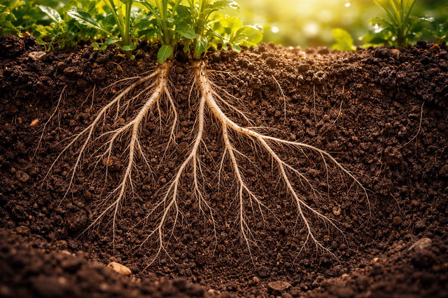 close-up cross-section of plant roots growing deeply in healthy soil
