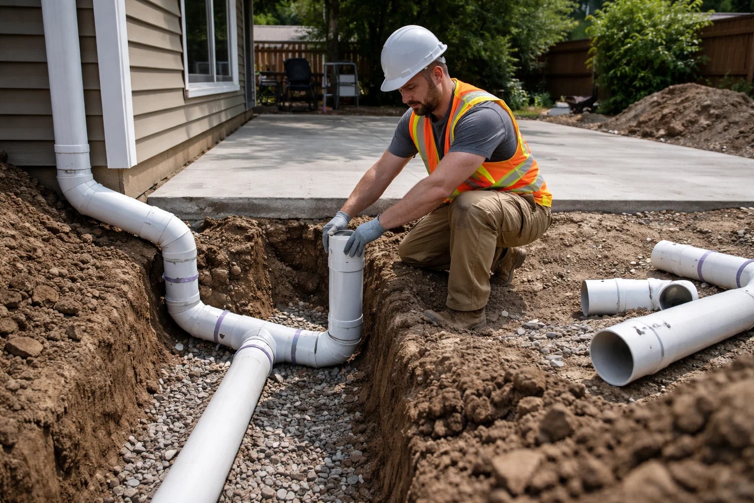 contractor installing underground PVC drainage pipe