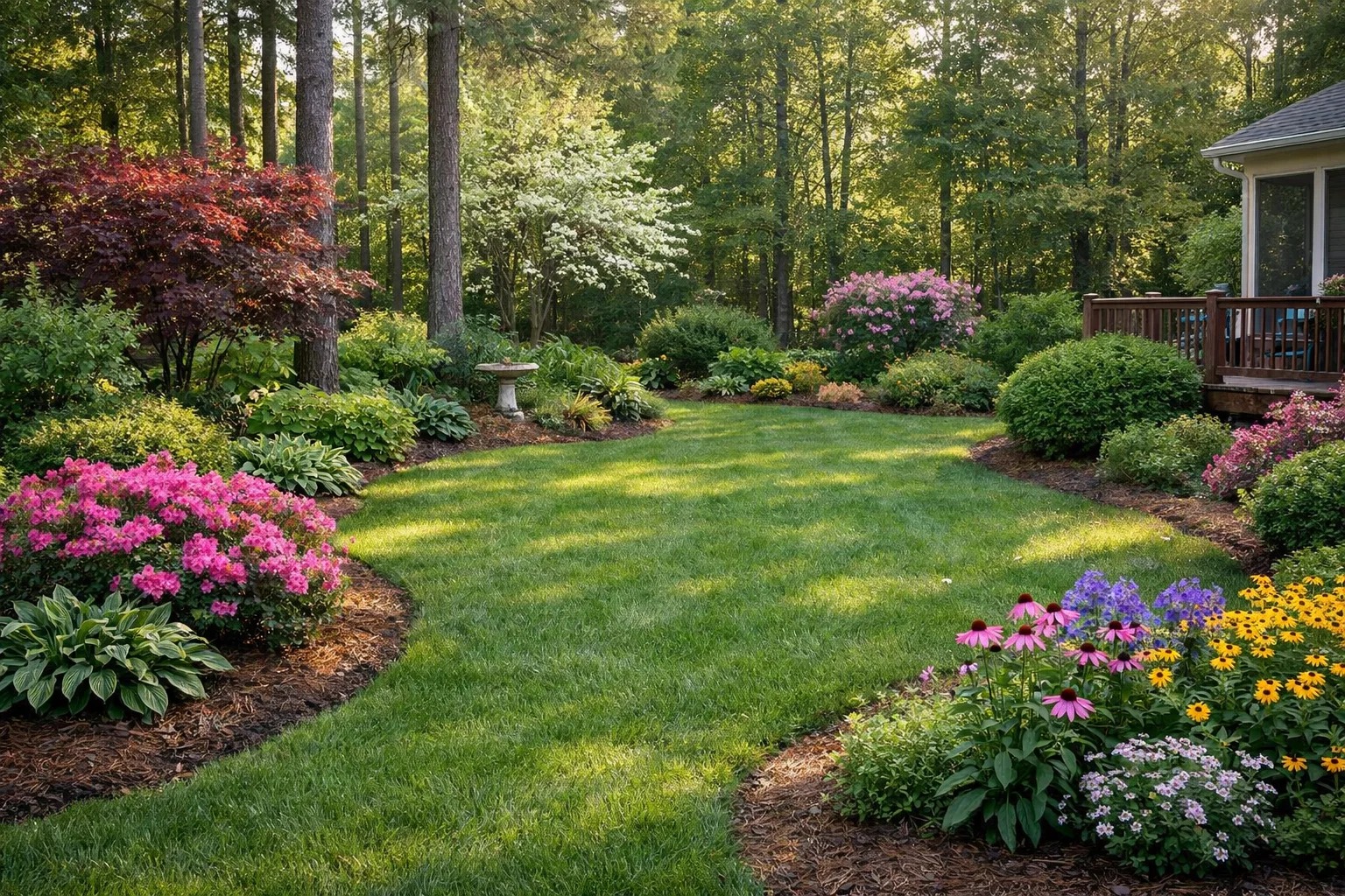 lush backyard landscape in spring