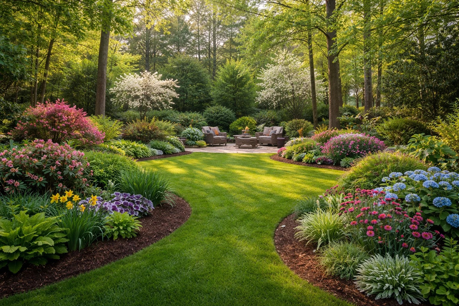 lush landscaped North Carolina backyard in early spring