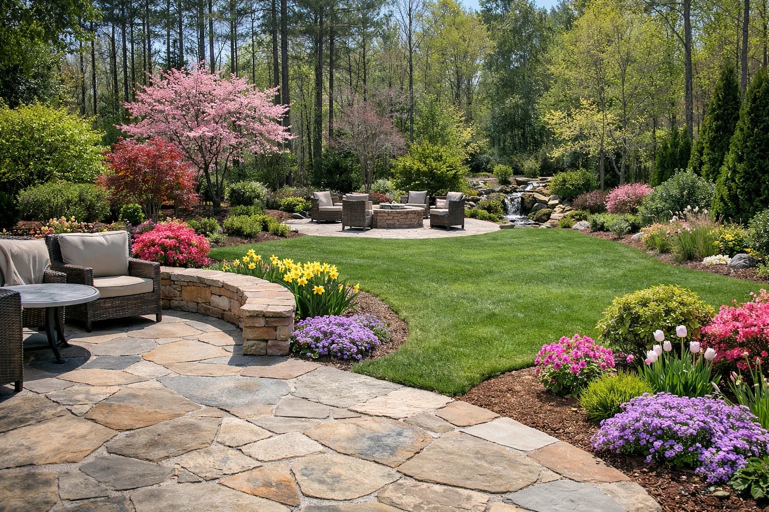 professionally landscaped North Carolina backyard in early spring