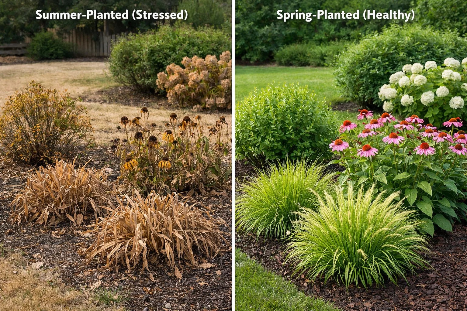  stressed summer-planted landscaping versus healthy spring-planted landscaping