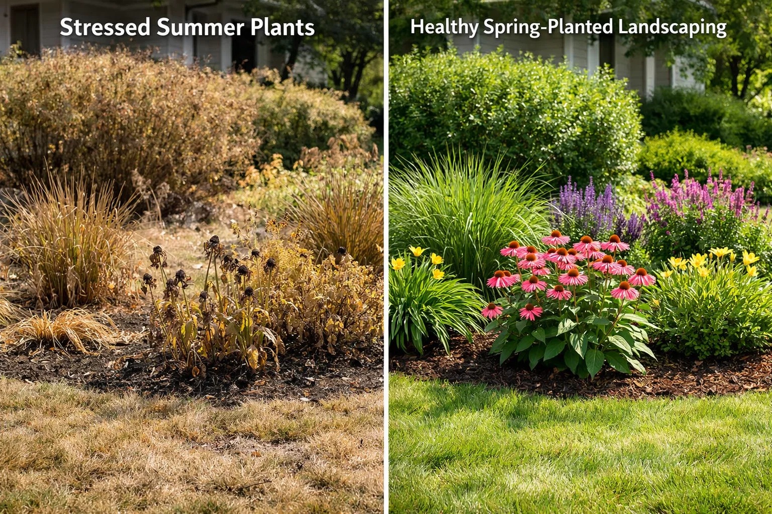 stressed summer plants versus healthy spring-planted landscaping
