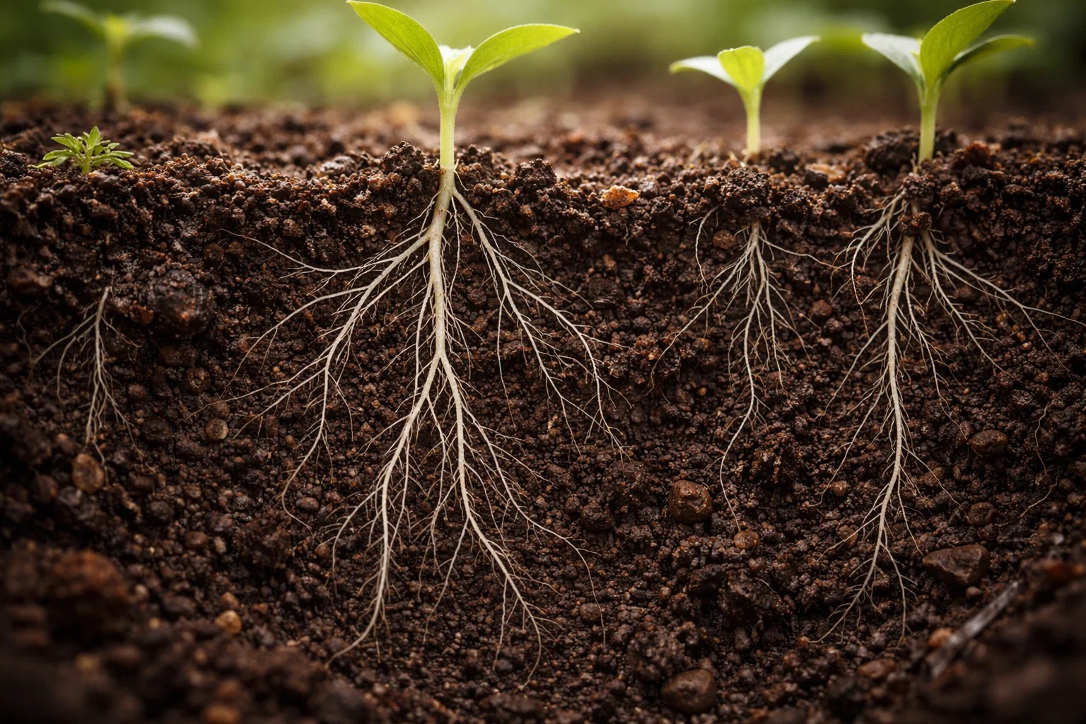 young plant roots growing deep into healthy soil