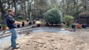 the excavated site with plant material staged around the perimeter