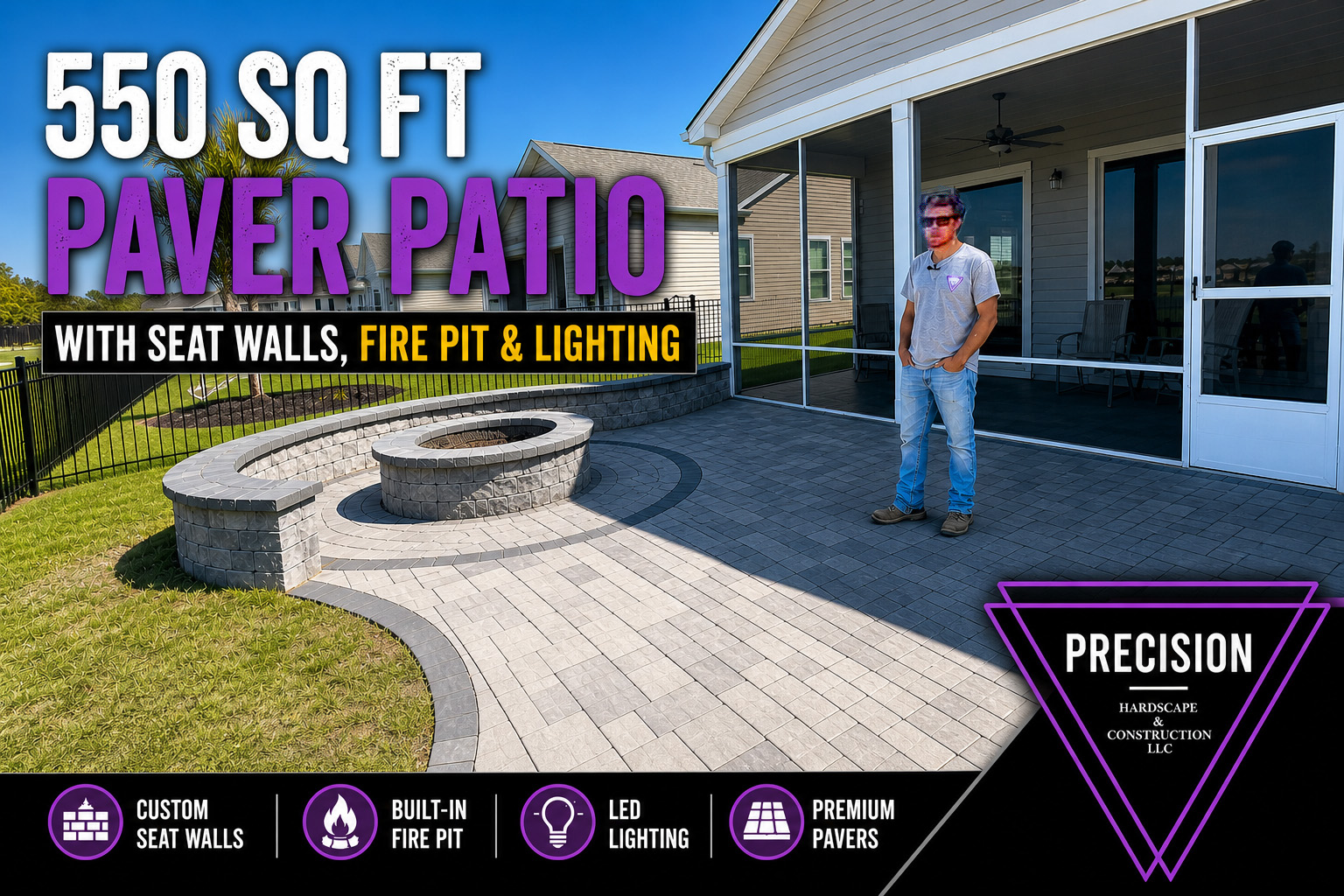 Custom 550 square foot paver patio with curved masonry seat walls, built-in fire pit, and integrated ledge lighting installed by Precision Hardscape & Construction in coastal Carolina