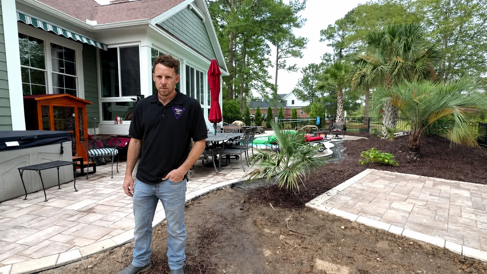 Curved paver walkway with low-voltage lights set into the border — Precision Hardscape & Construction, coastal Carolina