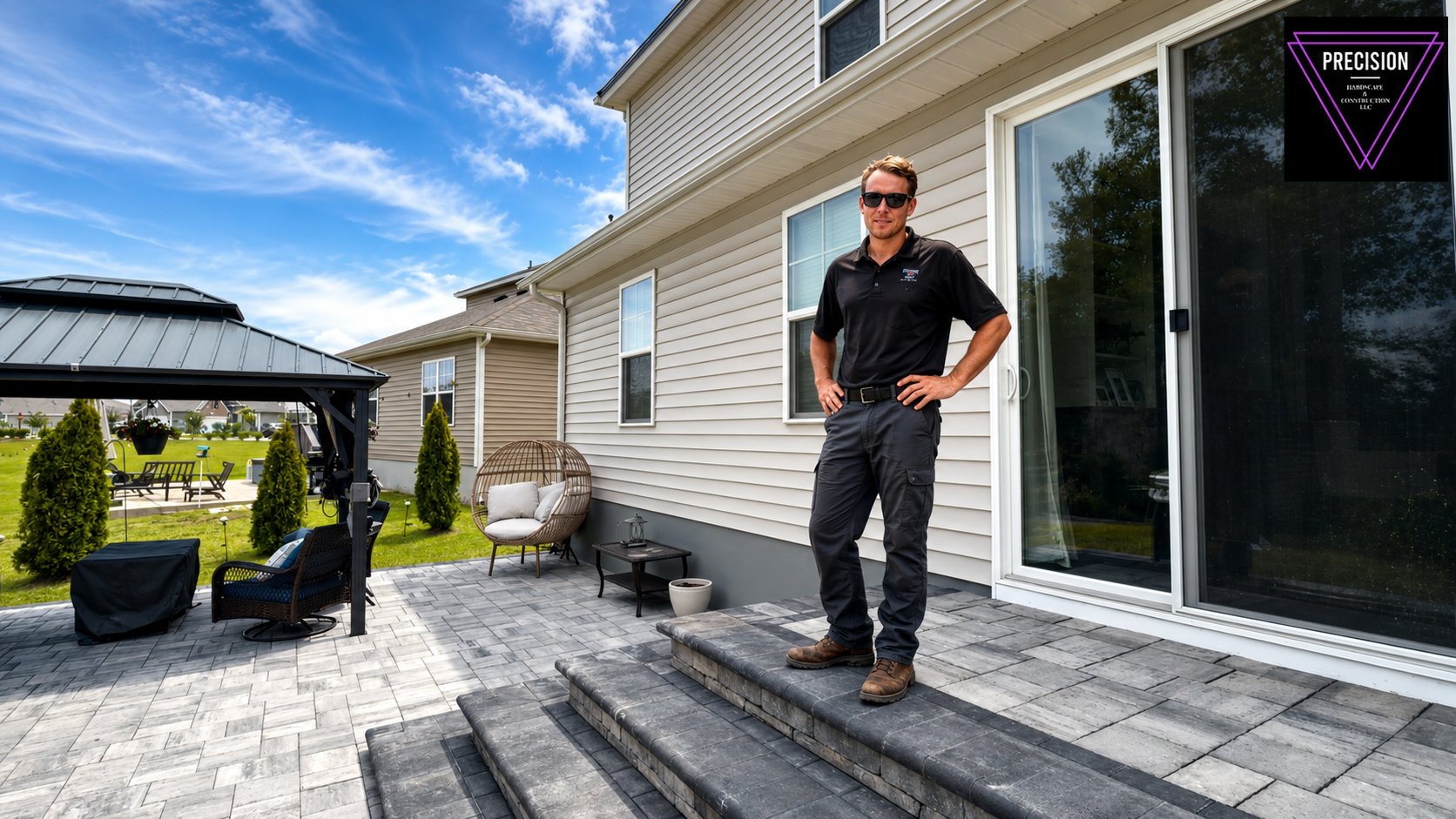 Massive paver staircase with hangout stoop and bullnose coping above an overlaid paver patio — Precision Hardscape & Construction, coastal Carolina
