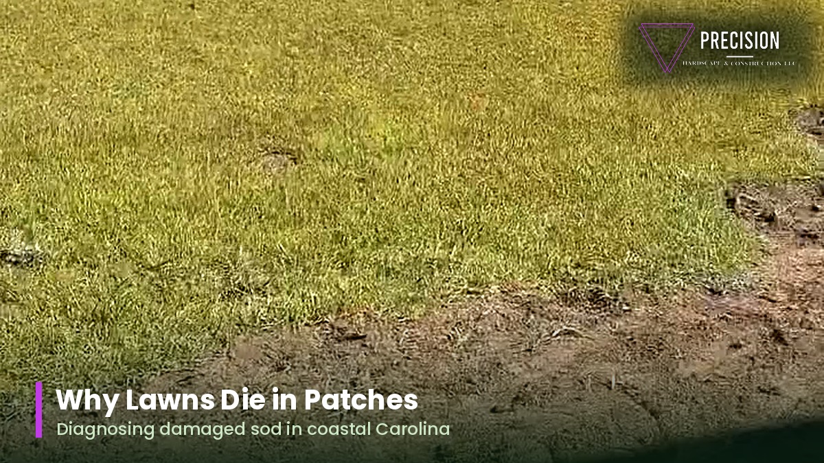 Healthy lawn meeting a bare scraped patch of soil, showing damaged sod in a coastal Carolina yard
